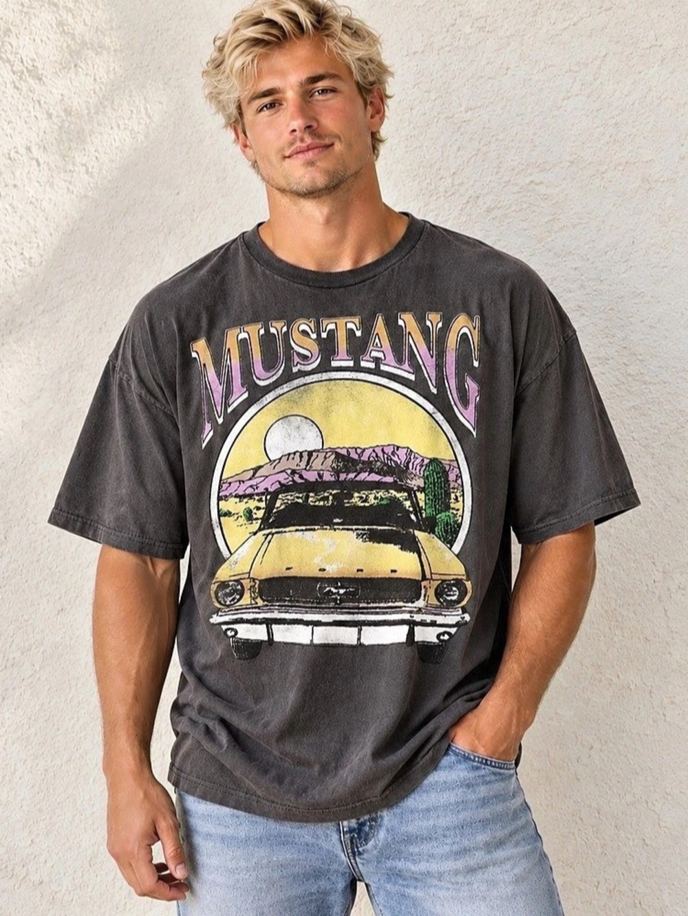 Ford Mustang Desert Graphic Tee Charcoal Retro Classic Car Oversized T-Shirt